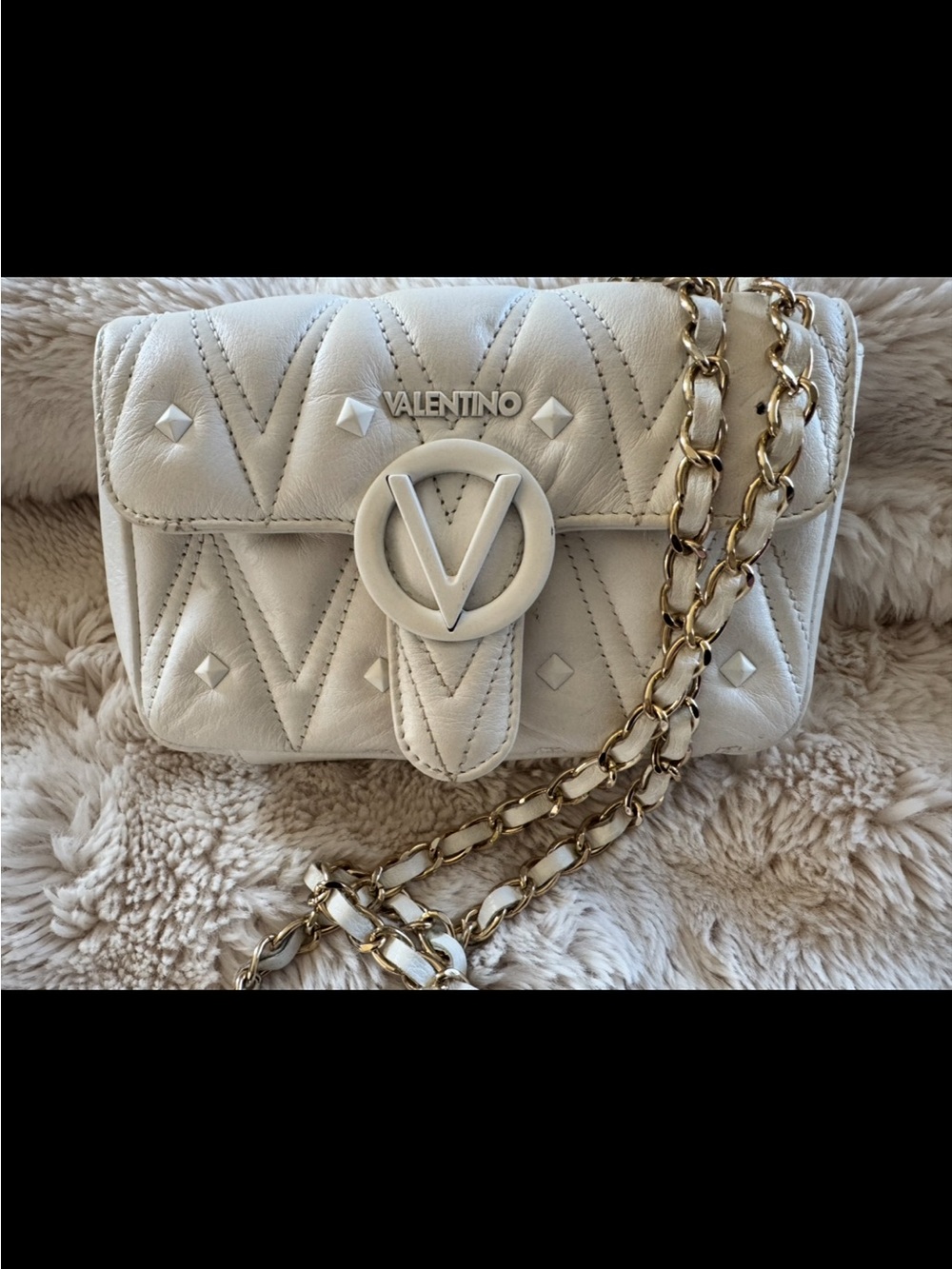 Valentino Cream Quilted V-Emblem Crossbody with Gold Chain